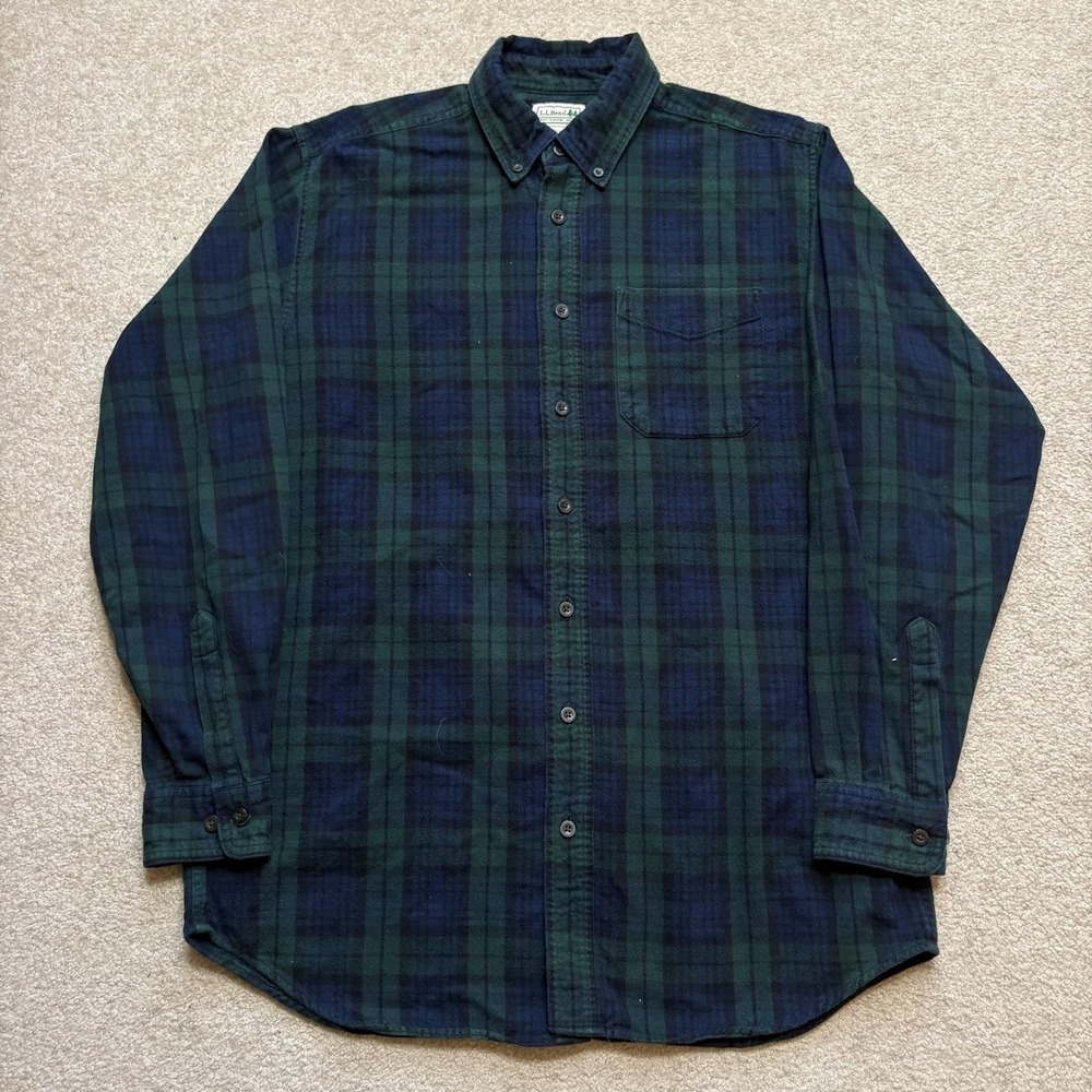 LL Bean Shirt Mens MT Green Navy Plaid Flannel Button Up Long Sleeve Medium Tall
